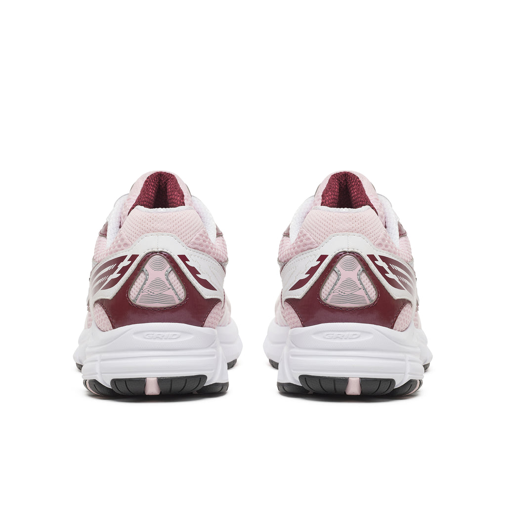 A pair of running shoes shown from the back, featuring a white and light pink upper with burgundy overlays and a white midsole.
