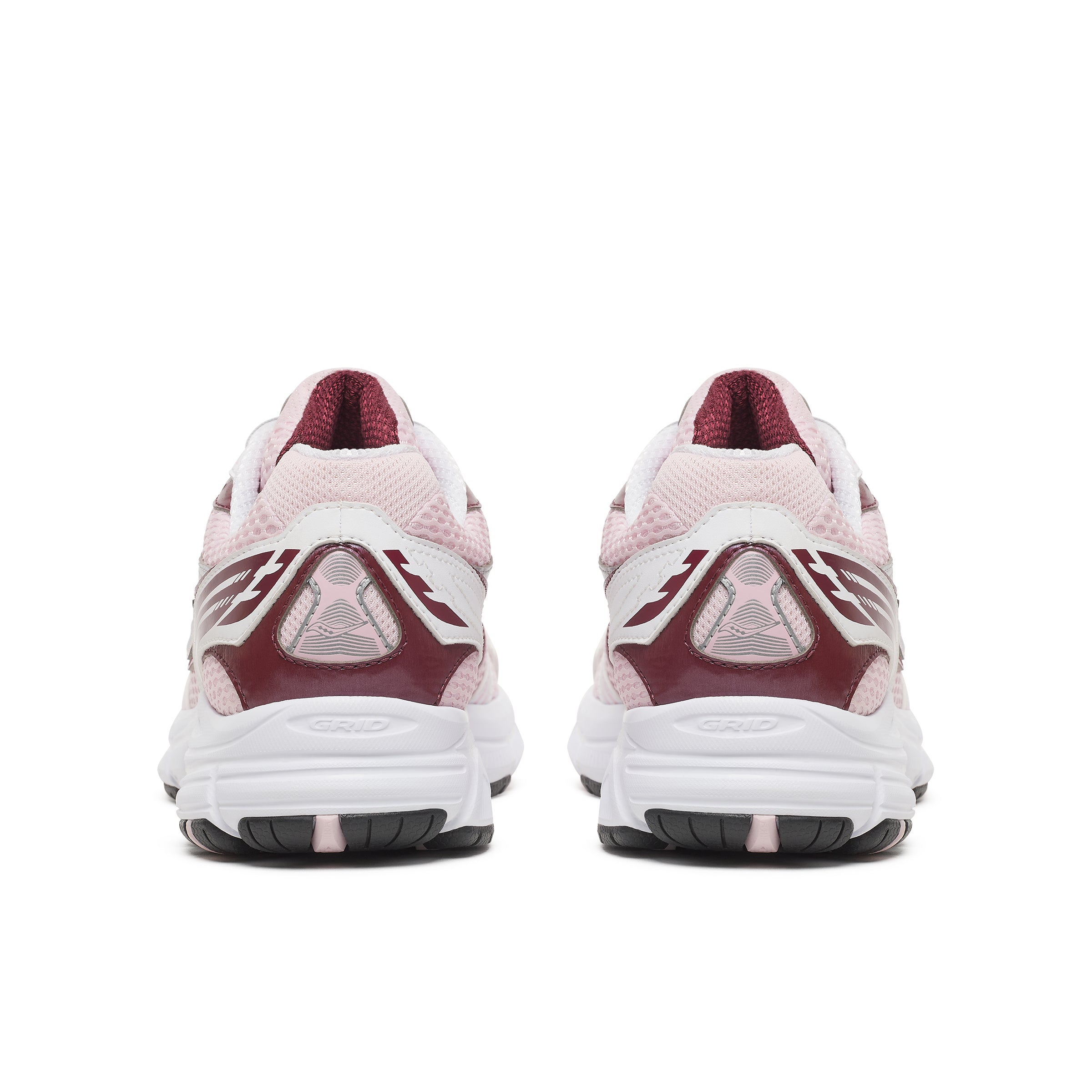 A pair of running shoes shown from the back, featuring a white and light pink upper with burgundy overlays and a white midsole.
