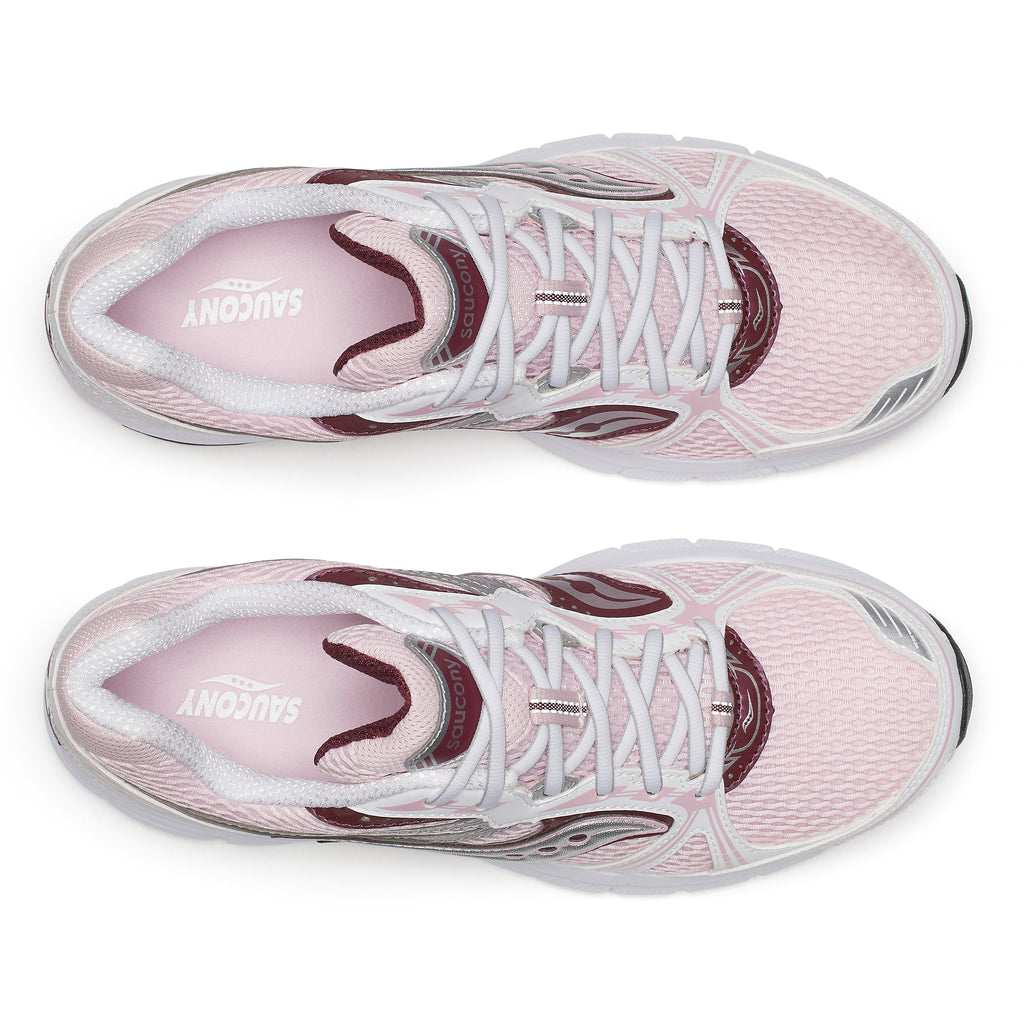A pair of Saucony Grid legacy athletic sneakers shown from a top-down view, featuring a light pink mesh upper with white laces, white midsoles, and burgundy accents.