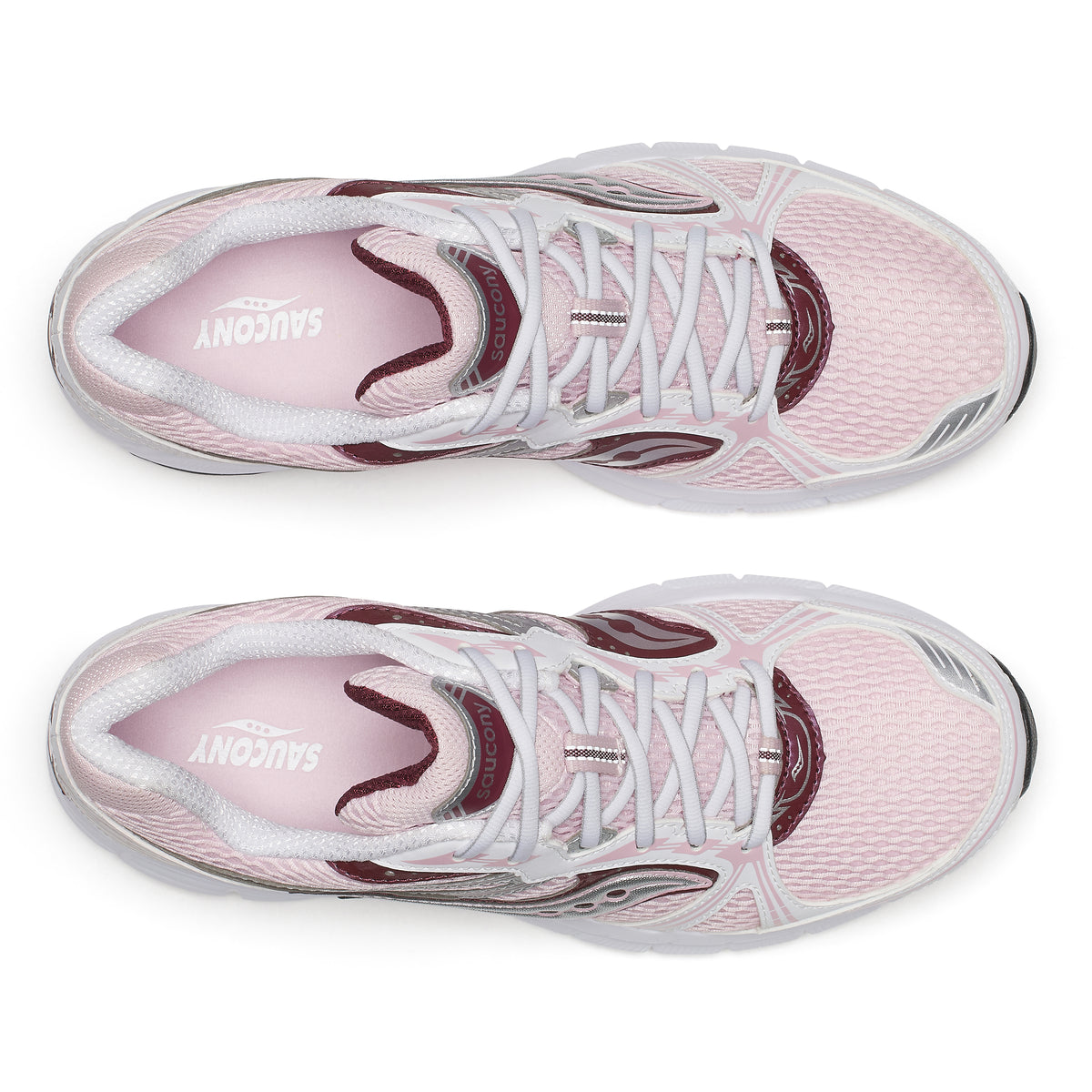 A pair of Saucony Grid legacy athletic sneakers shown from a top-down view, featuring a light pink mesh upper with white laces, white midsoles, and burgundy accents.