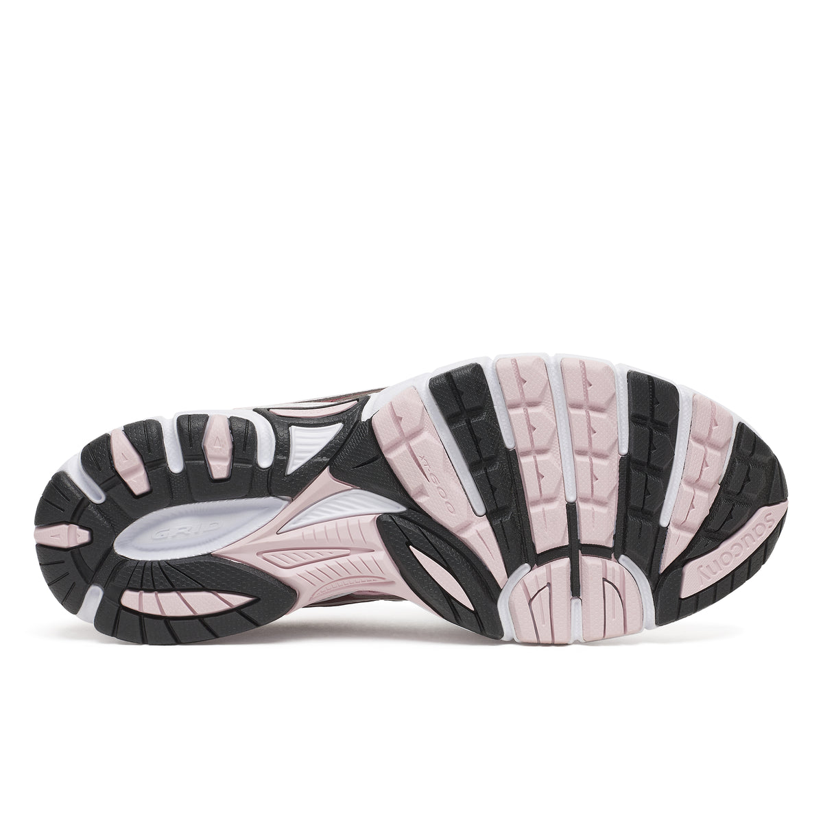 The outsole of a running shoe shown from a top-down view, featuring a black and light pink tread pattern with a white and gray midsole.