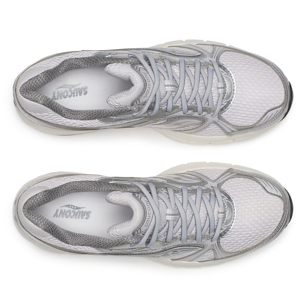 saucony guide 7 Gray and white  running shoes with visible brand logo on a white background