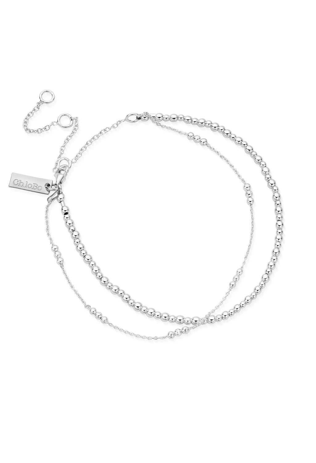 ChloBo silver bobble chain anklet. Delicate triple chain with beaded detail, stylish summer jewellery.