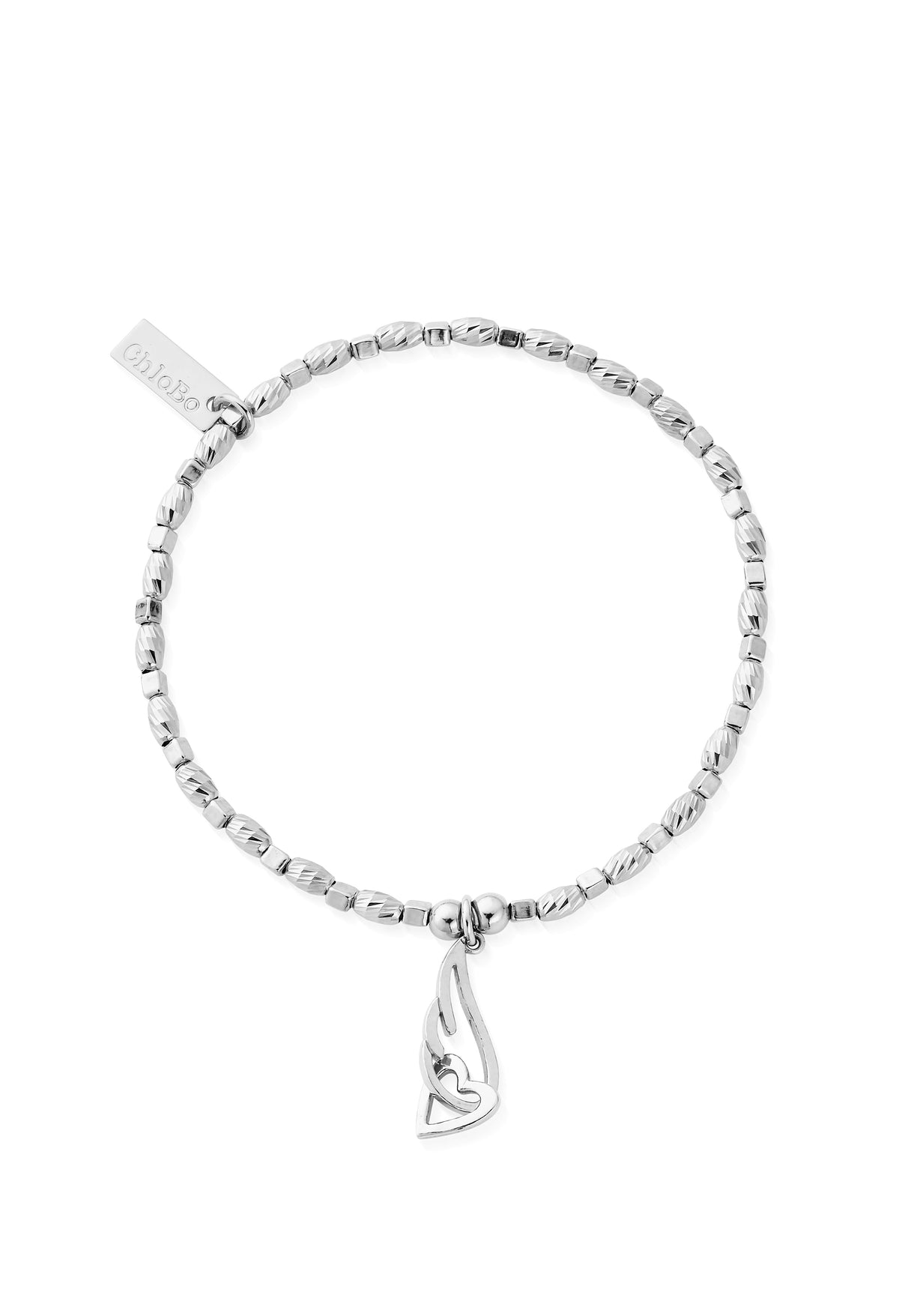 ChloBo bracelet with interlinked heart and angel wing charm. Silver beaded design. Perfect gift.