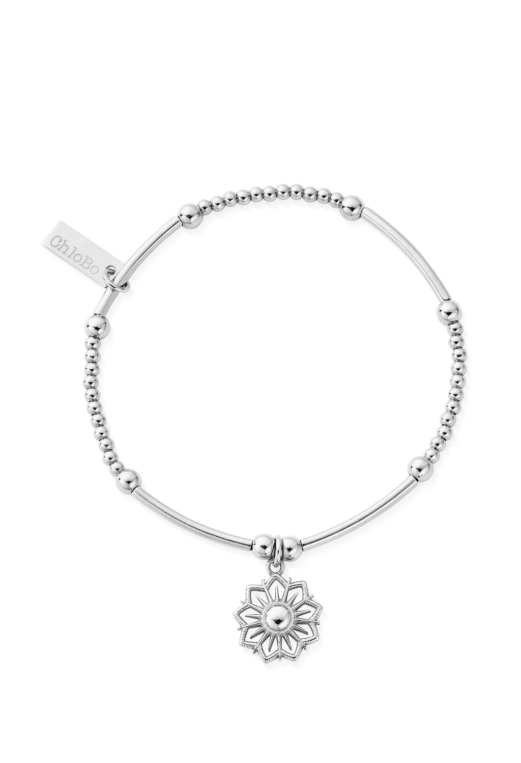 Silver ChloBo bracelet featuring a sun mandala charm, ideal for women's jewelry collections.