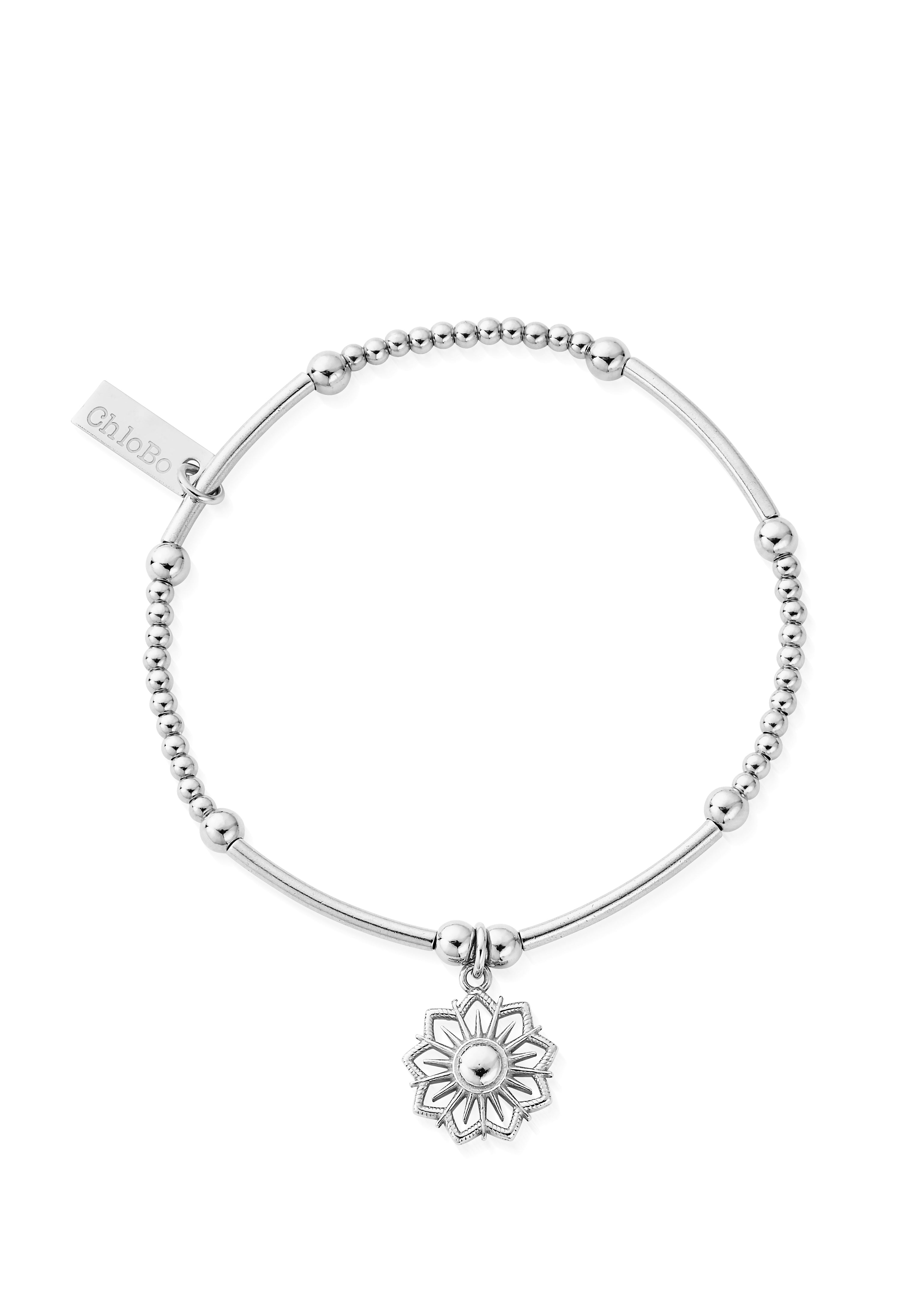 Silver ChloBo bracelet featuring a sun mandala charm, ideal for women's jewelry collections.