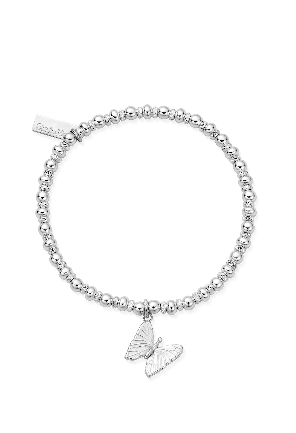 Sterling silver ChloBo bracelet featuring small beads, sparkle accents, and a butterfly charm.