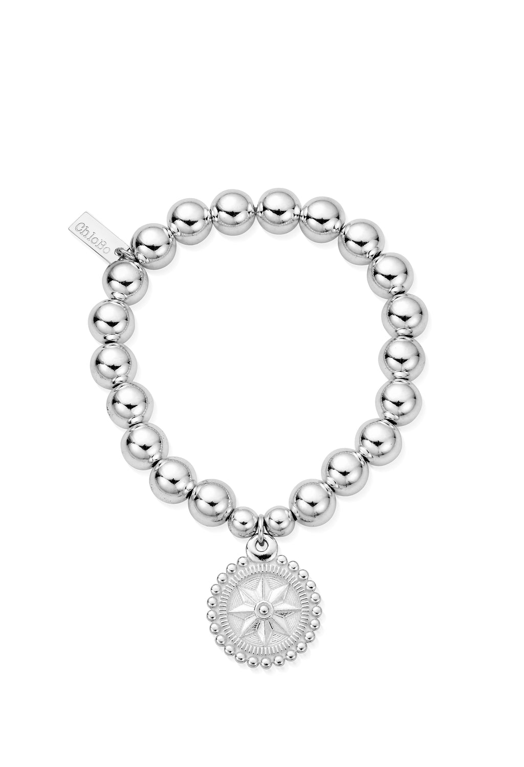 Sterling silver ChloBo compass bracelet on elastic band; shows designer tag with "ChloBo" logo.
