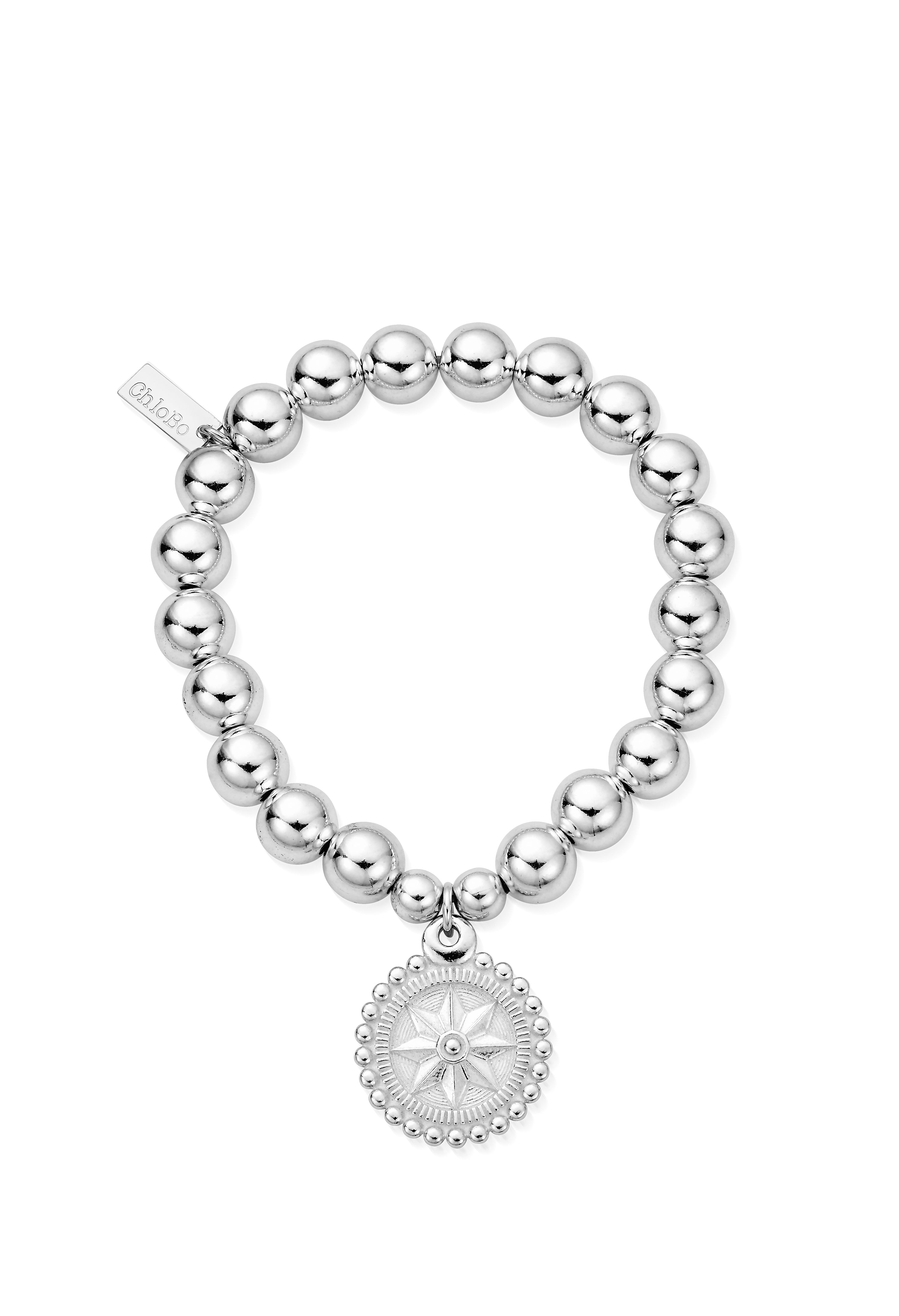 Sterling silver ChloBo compass bracelet on elastic band; shows designer tag with "ChloBo" logo.