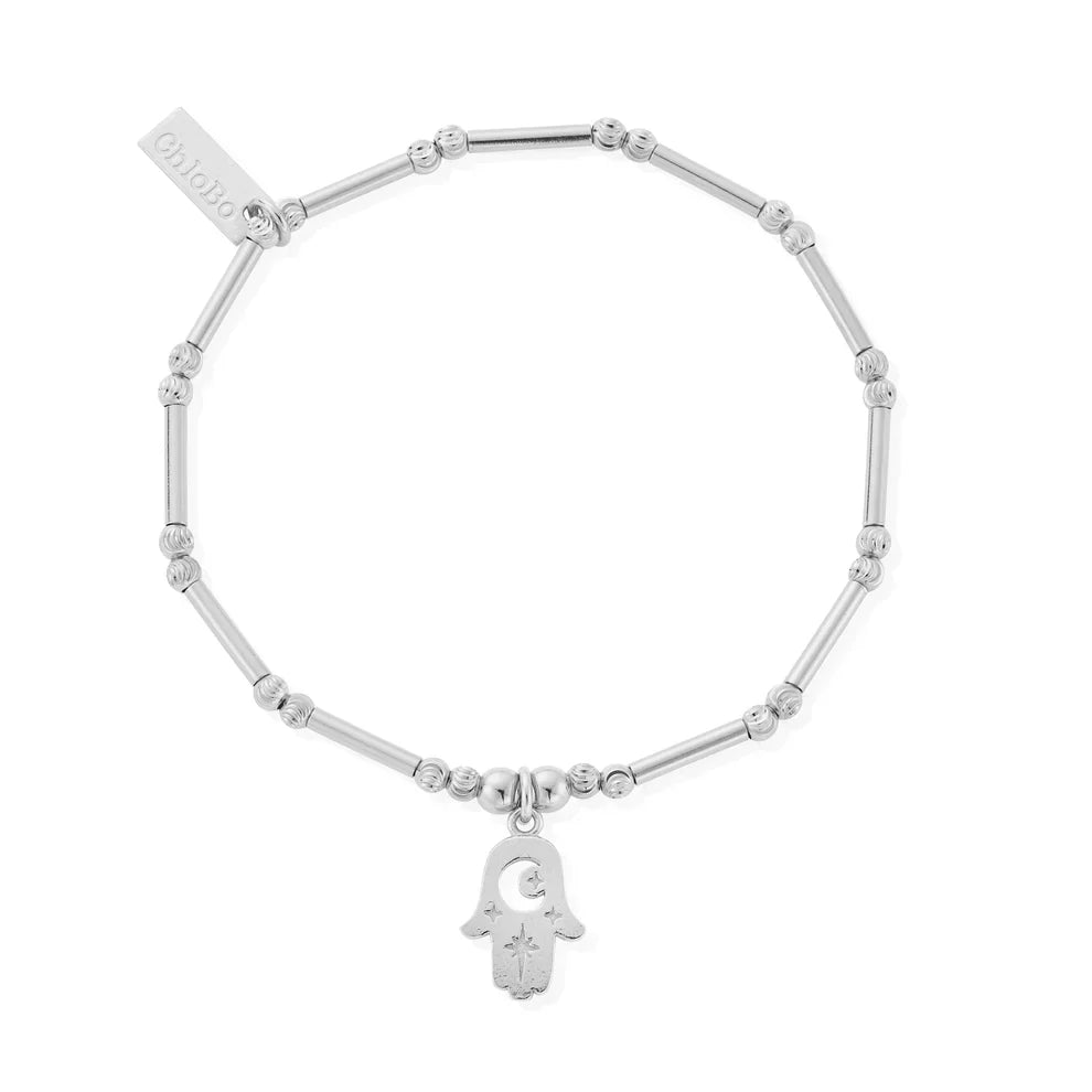 Silver ChloBo bracelet with hand charm.
