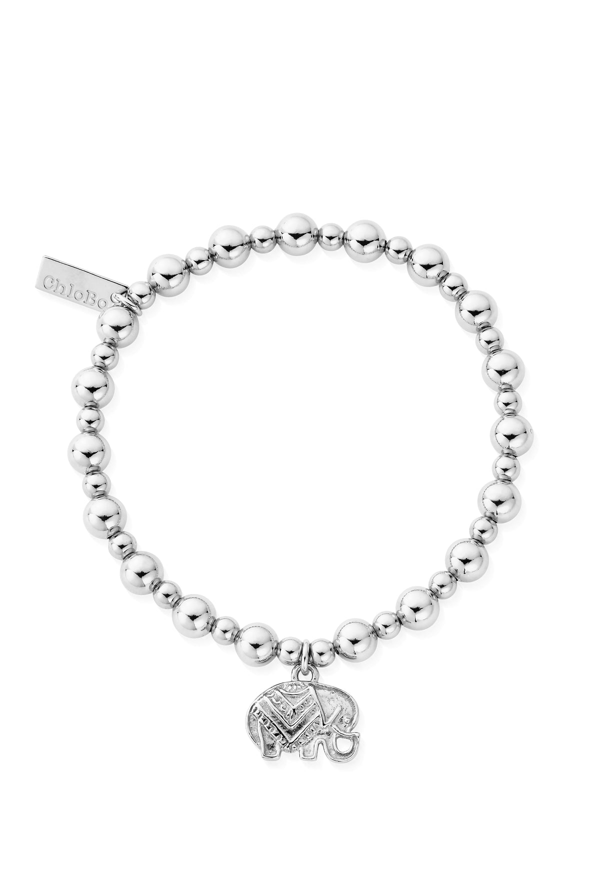 Sterling silver ChloBo bracelet with elephant charm. Beaded design, ChloBo logo tag visible.