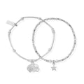 ChloBo bracelet set with silver elephant charm and star charm; showcasing two bracelets, luck and style.