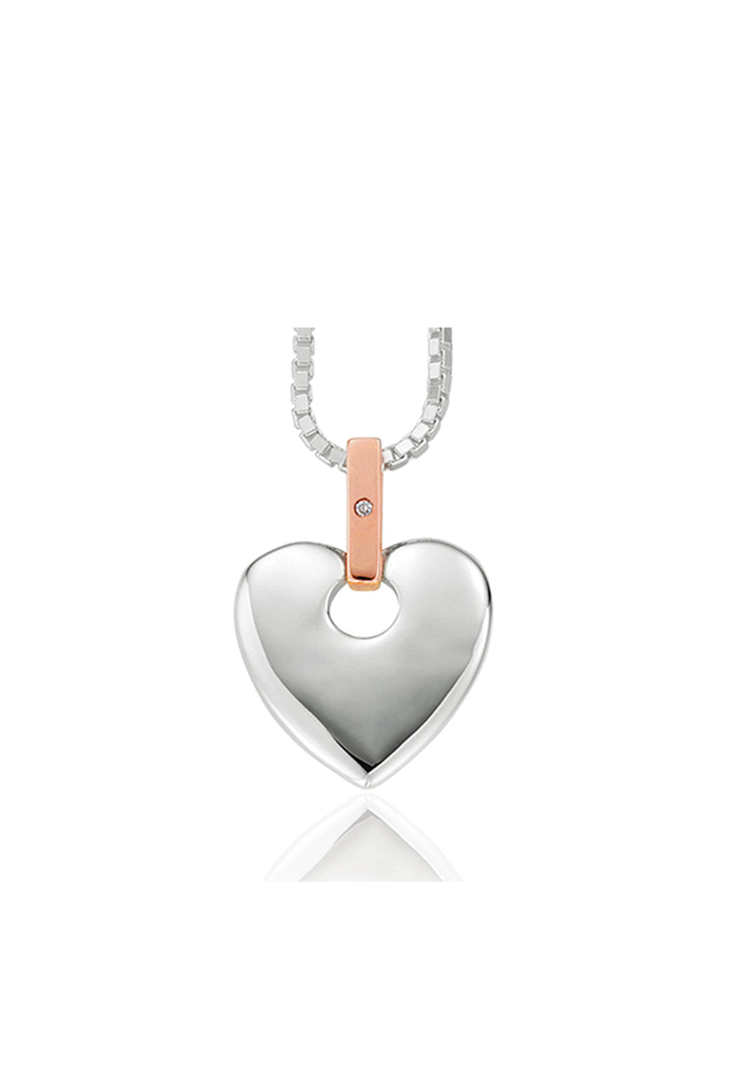 Sterling silver Clogau heart pendant on chain. Features rose gold accent with diamond; romantic fine jewelry gift.