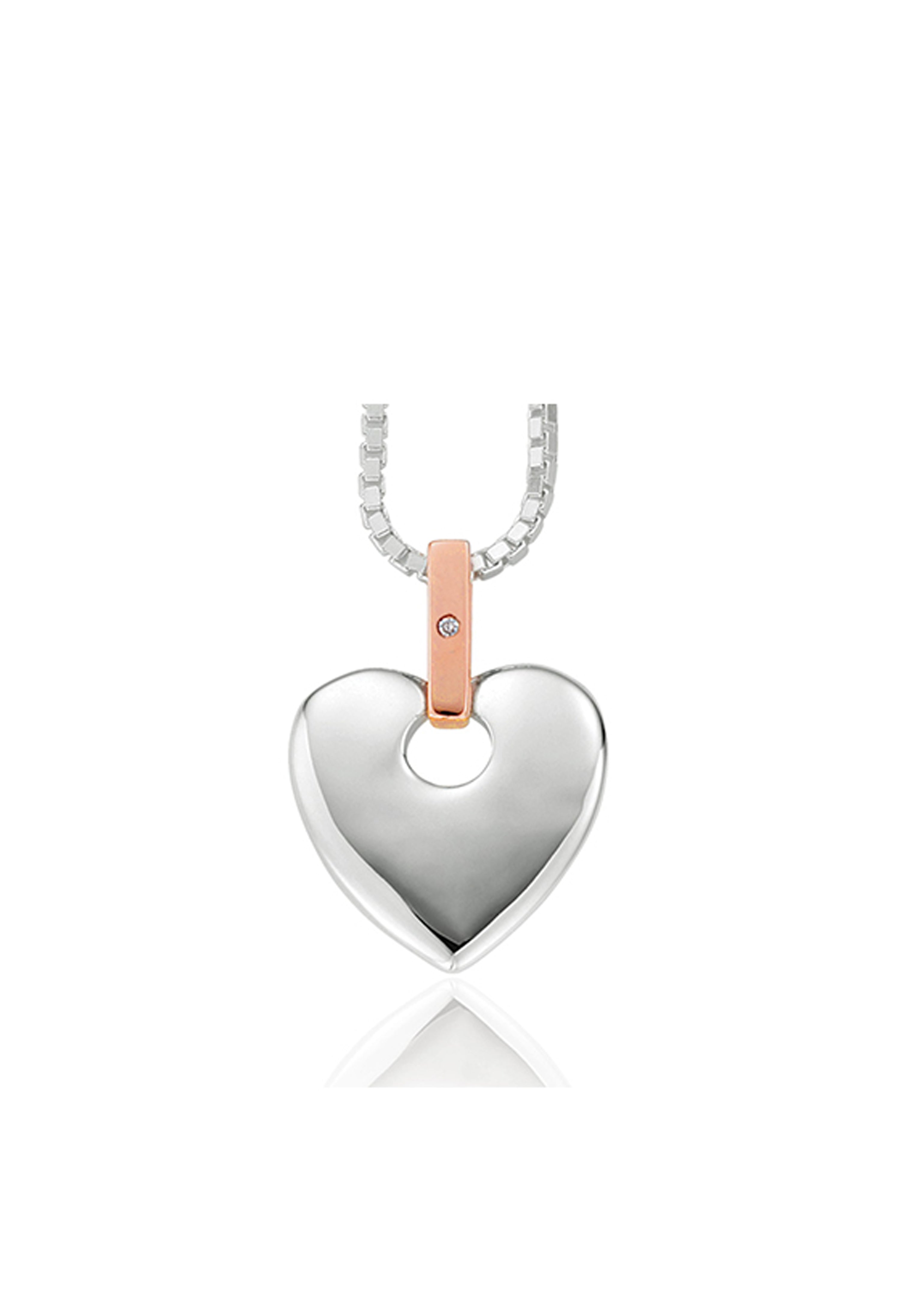 Sterling silver Clogau heart pendant on chain. Features rose gold accent with diamond; romantic fine jewelry gift.