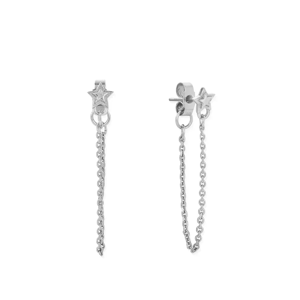 Silver ChloBo earrings featuring star studs with delicate chain detailing, showcasing the Radiant Essence design.