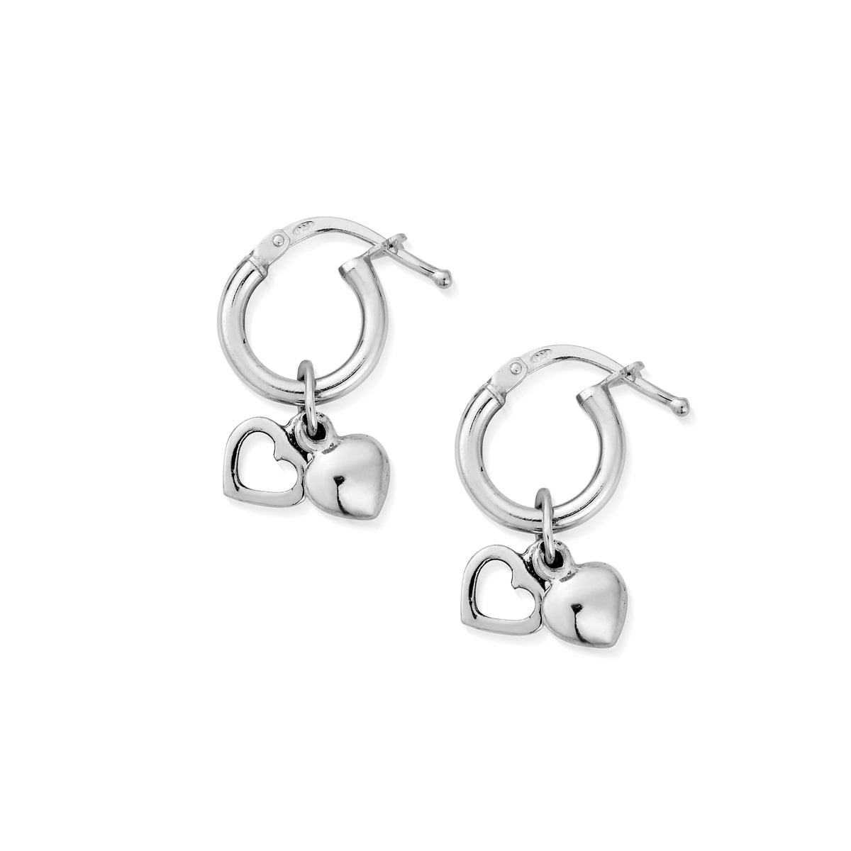The ChloBo Double Heart Hoop Earrings, a silver metal hoop earrings from ChloBo, available at OD’s Jewellers in St Helens.