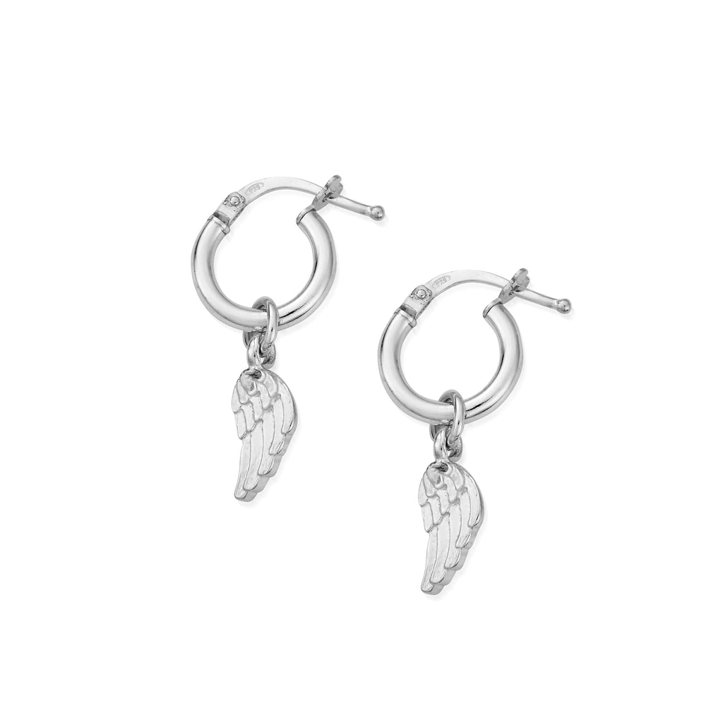 ChloBo hoop earrings featuring angel wing charms. Detail shot showcases the delicate jewelry.