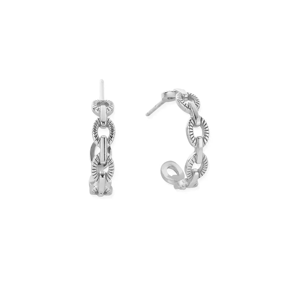 Sterling silver ChloBo Figaro huggie earrings. Chain-link design, adds a stylish and contemporary touch to any outfit.