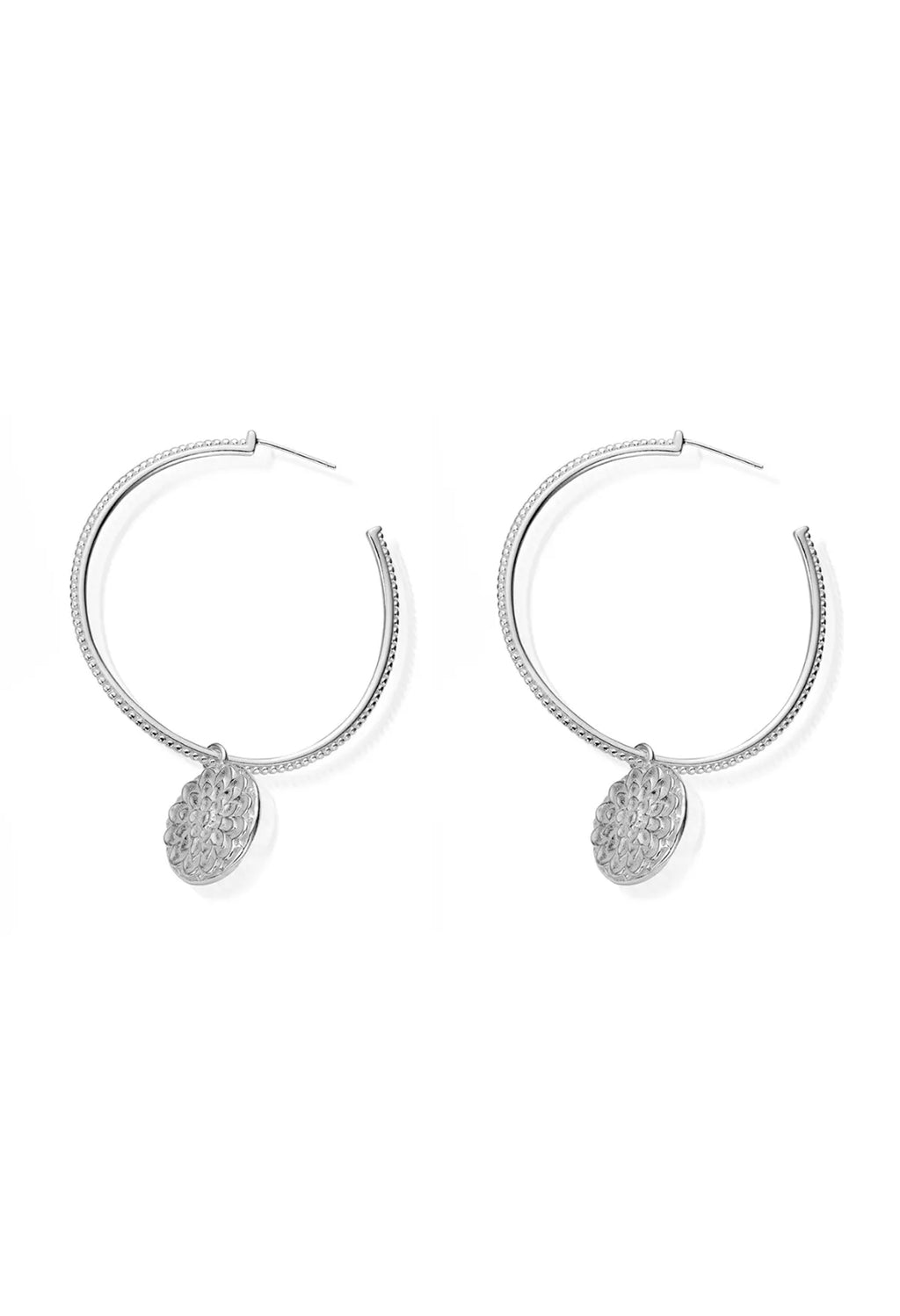 Silver ChloBo hoop earrings featuring the Monnoflower design. Elegant jewelry from the Silver Collection Line.