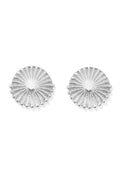 ChloBo Sunburst Stud Earrings close-up. Silver earrings showing detail of the intricate, radiating sunburst design.