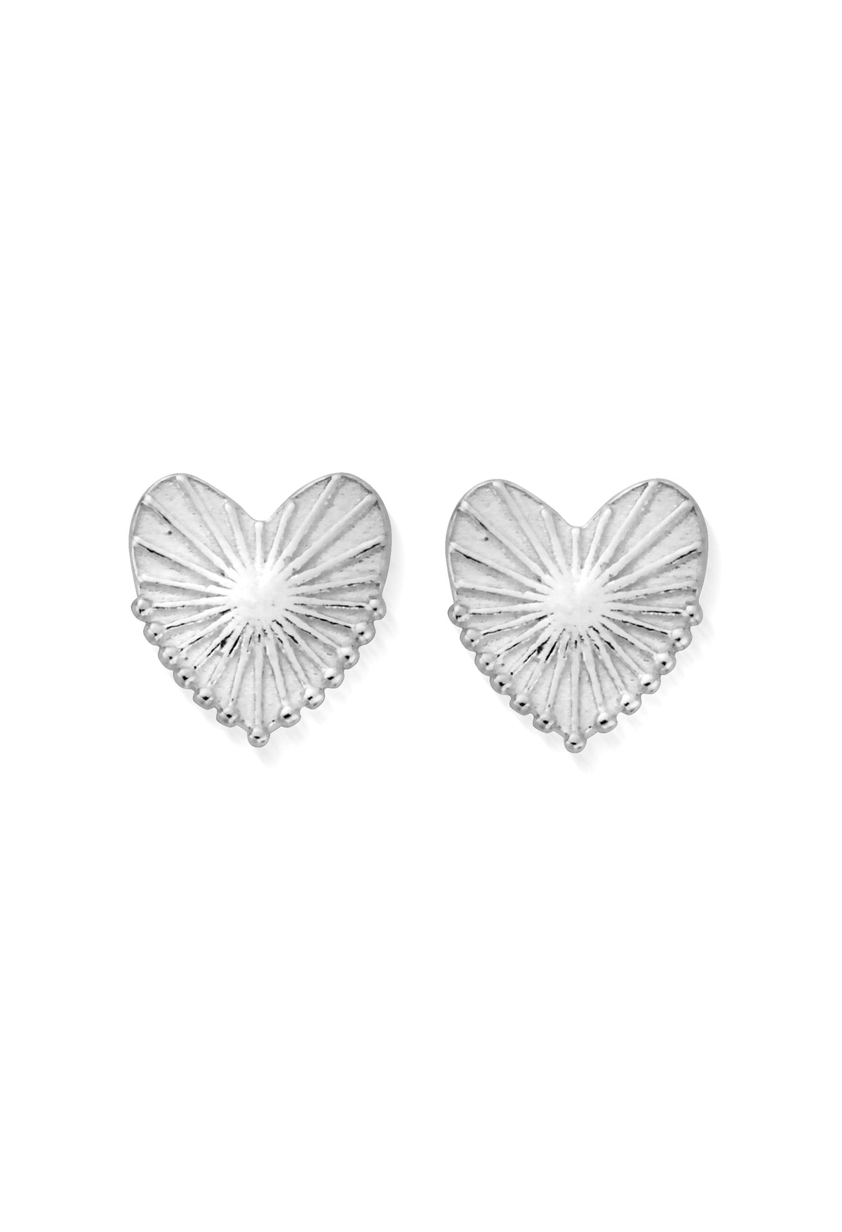 Silver ChloBo stud earrings with intricate heart detailing. Perfect jewelry for adding subtle elegance to any outfit.
