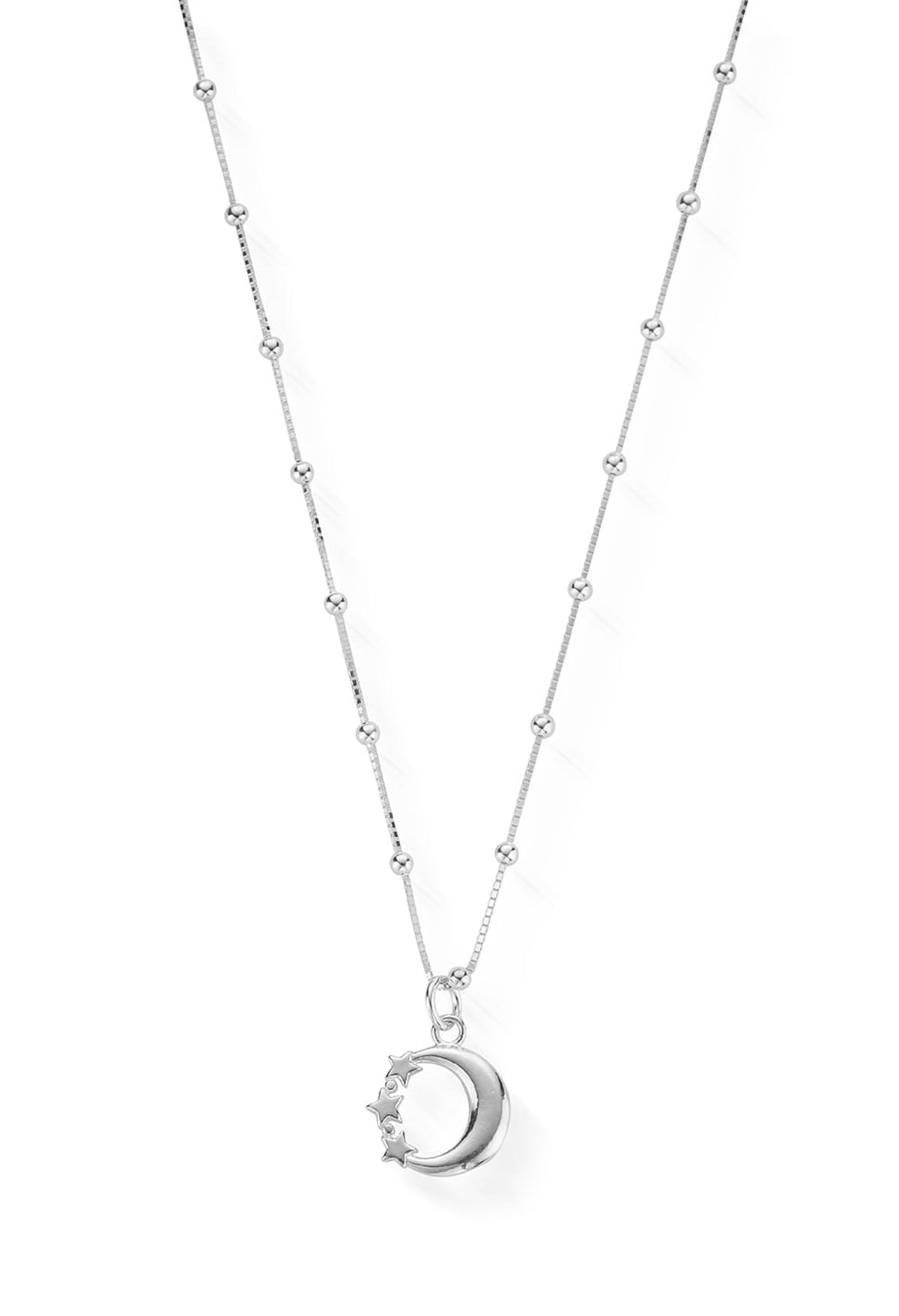 Sterling silver ChloBo necklace featuring a crescent moon and star pendant on a bobble chain.