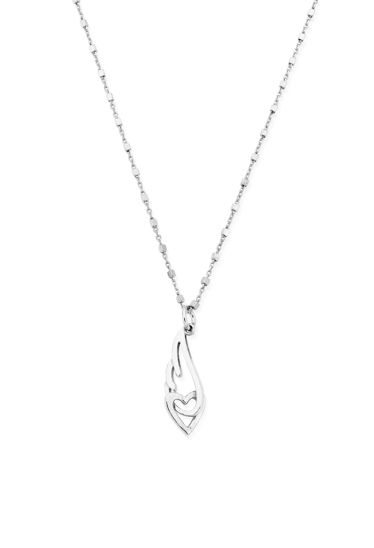 Sterling silver ChloBo necklace featuring an angel wing pendant embracing a heart charm on a cube chain. Jewelry design.