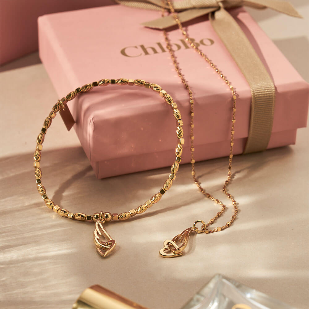 ChloBo Soul Glow Interlocking Heart and Angel Wing Bracelet Silver Gold Plated