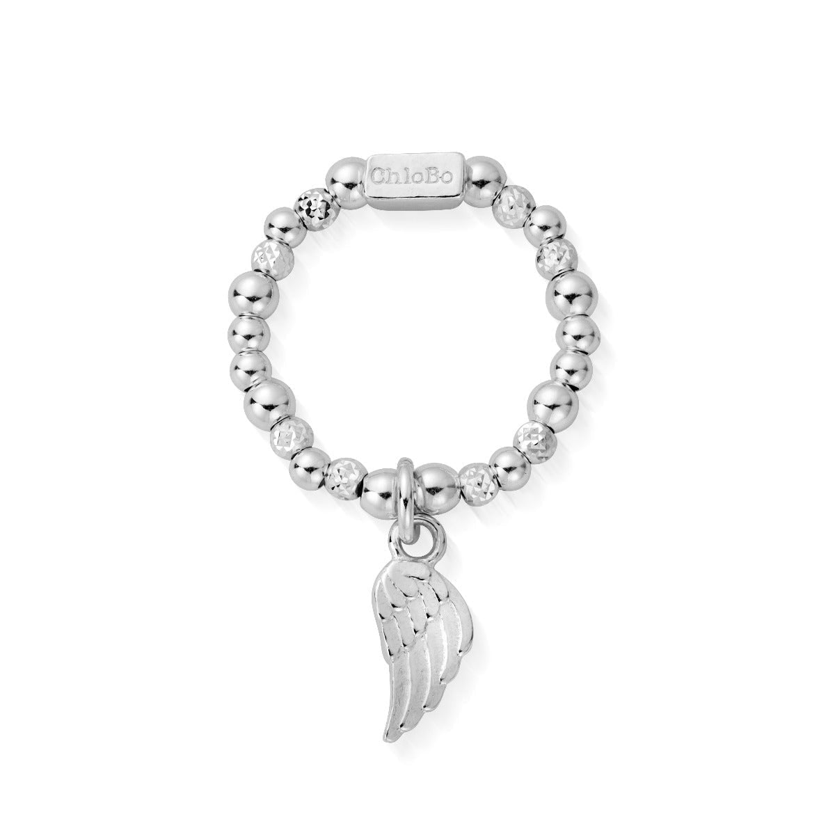 Chlobo ring featuring silver beads, angel wing charm & ChloBo branded rectangular detail.