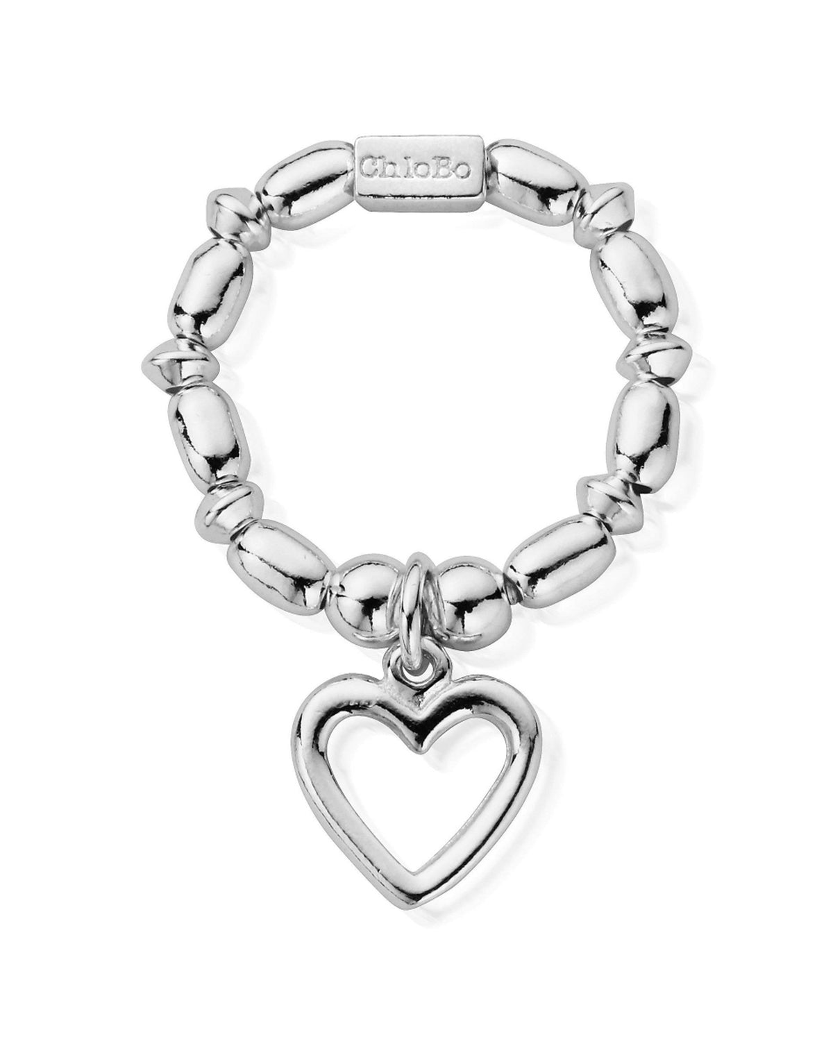 ChloBo Mini Rice Open Heart Ring in 925 sterling silver, showcasing the delicate heart charm and rice bead design.