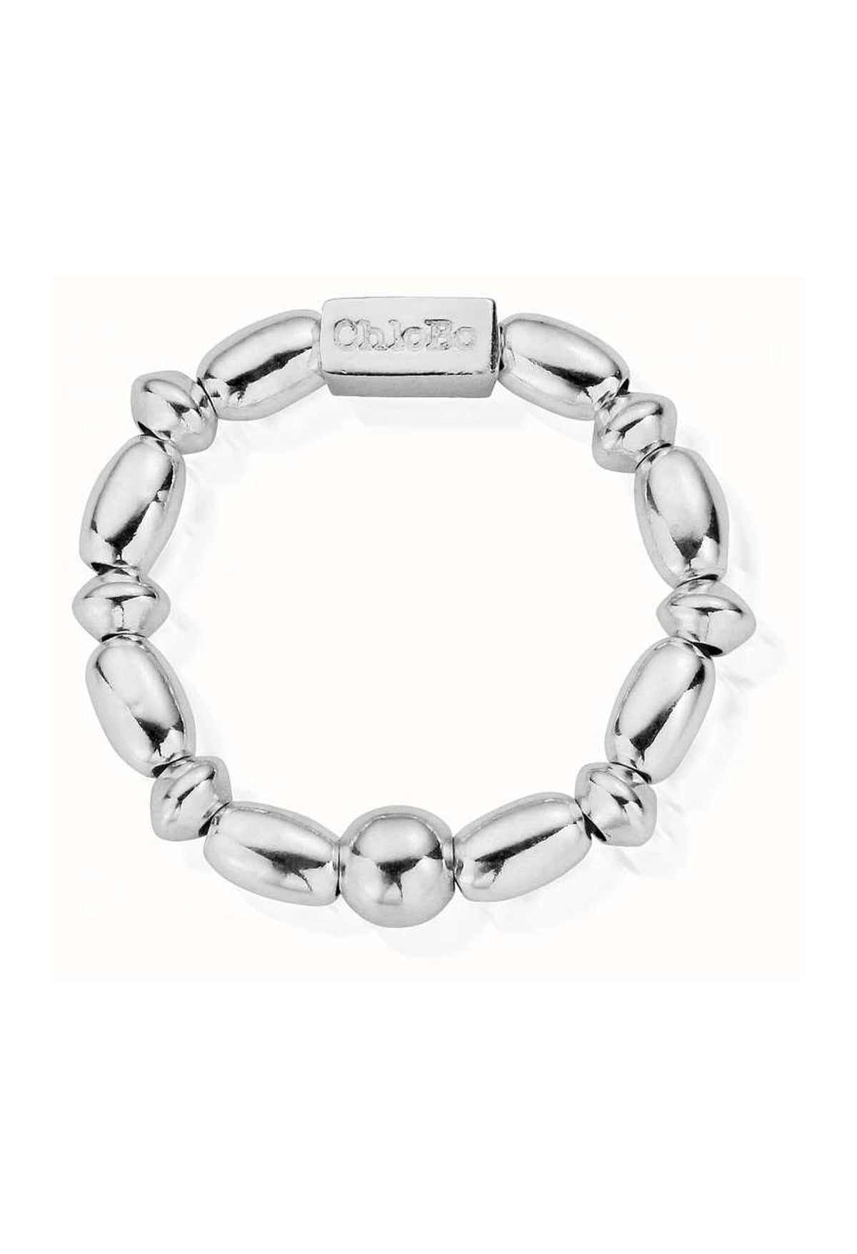 ChloBo silver ring with mini rice beads and 3mm discs, 4mm beads. Elegant jewelry design.