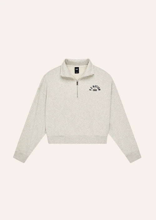 Light gray sweatshirt with a brand logo on a white background