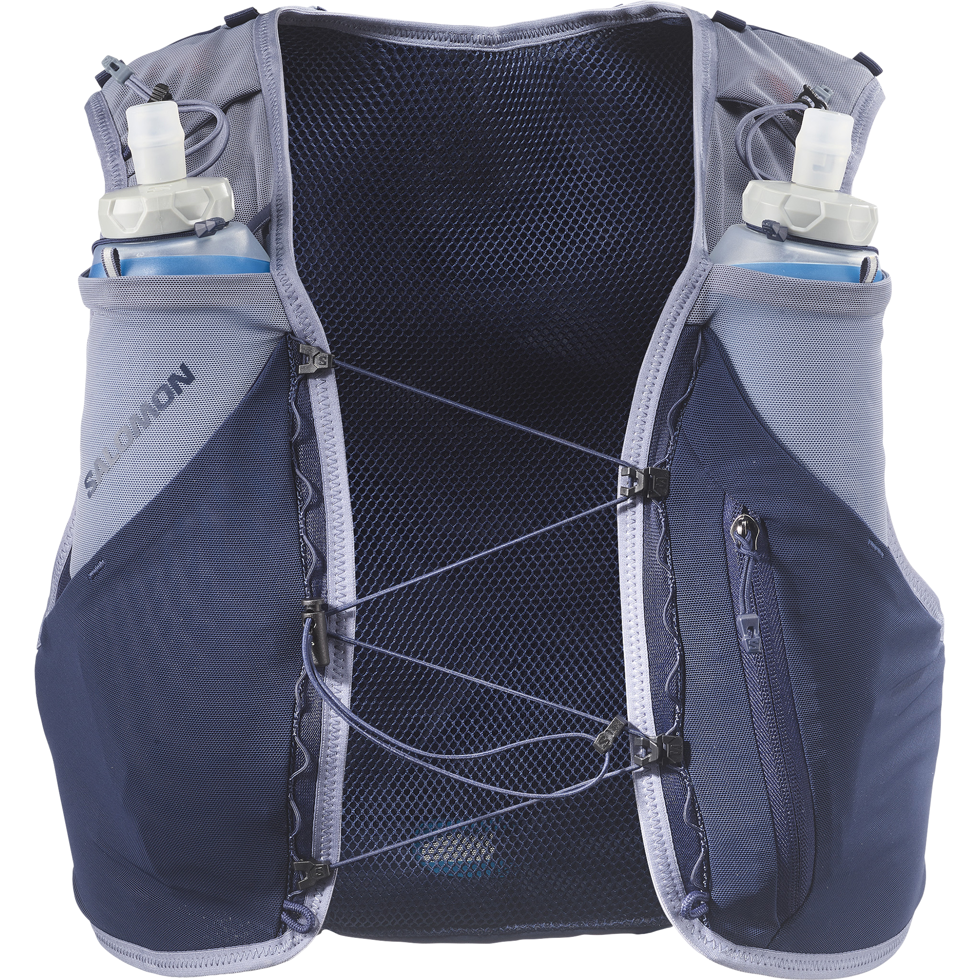 Navy and gray hydration vest with water bottles on a white background