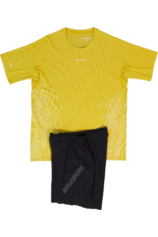 Men's Salomon Cress Green Whisper White Sense Aero SS GFX T Shirt & Black Sense Aero 7'' Shorts Set