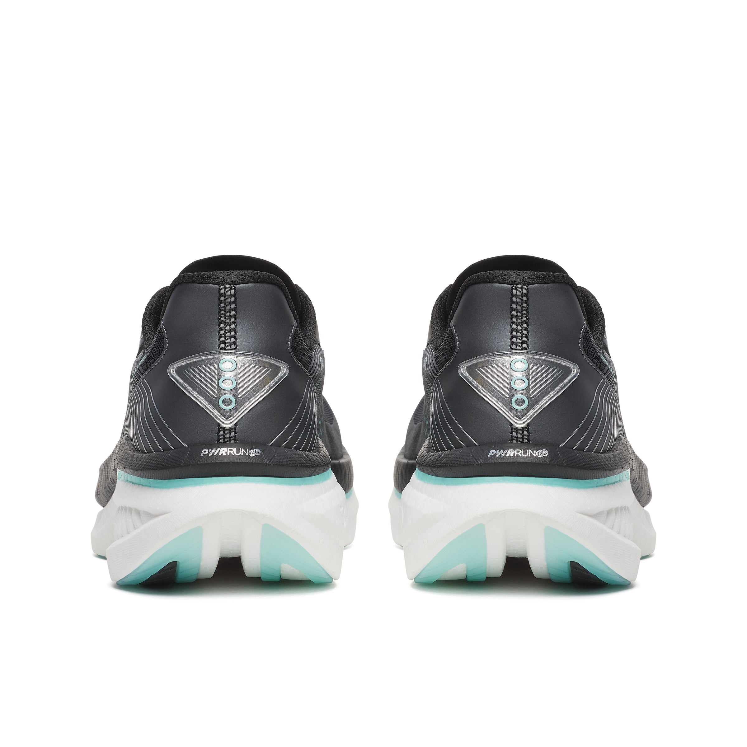 Black running shoes with white soles on a white background