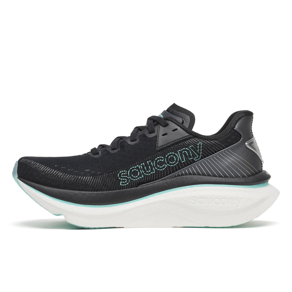 Black running shoe with white sole on a white background