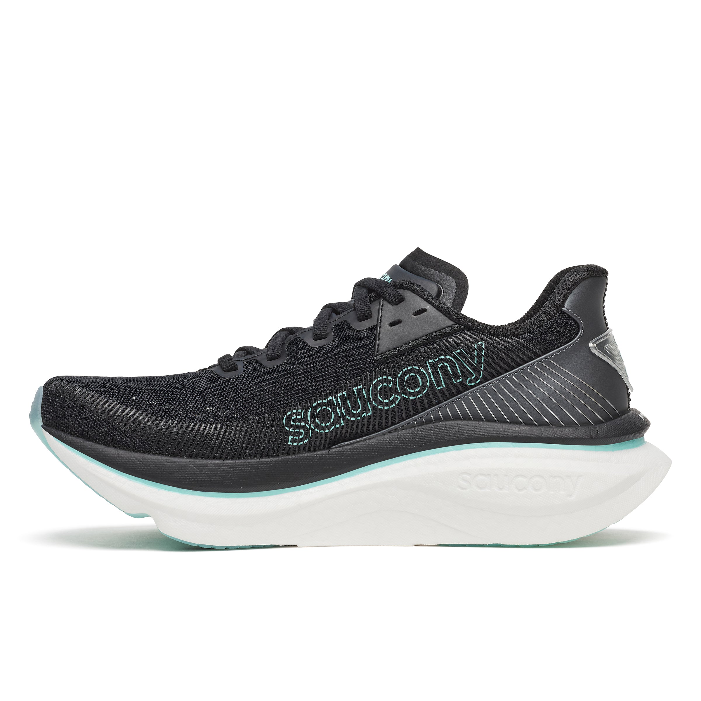 Black running shoe with white sole on a white background