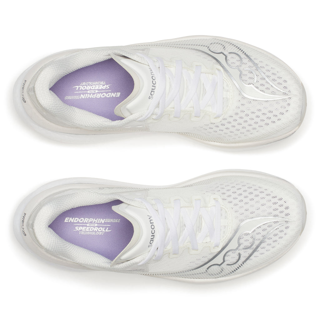 White running shoes with purple heel cups on a white background