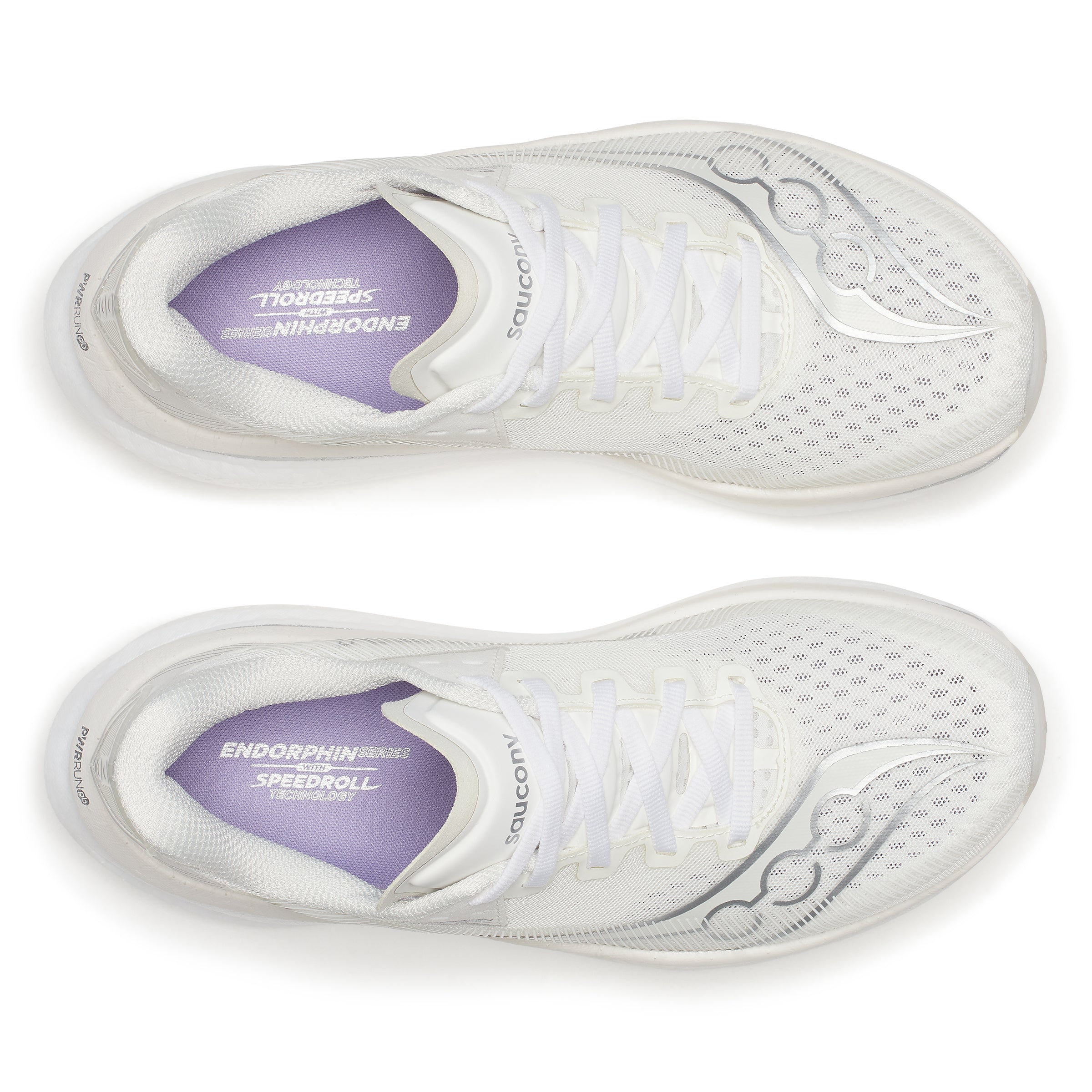 White running shoes with purple heel cups on a white background