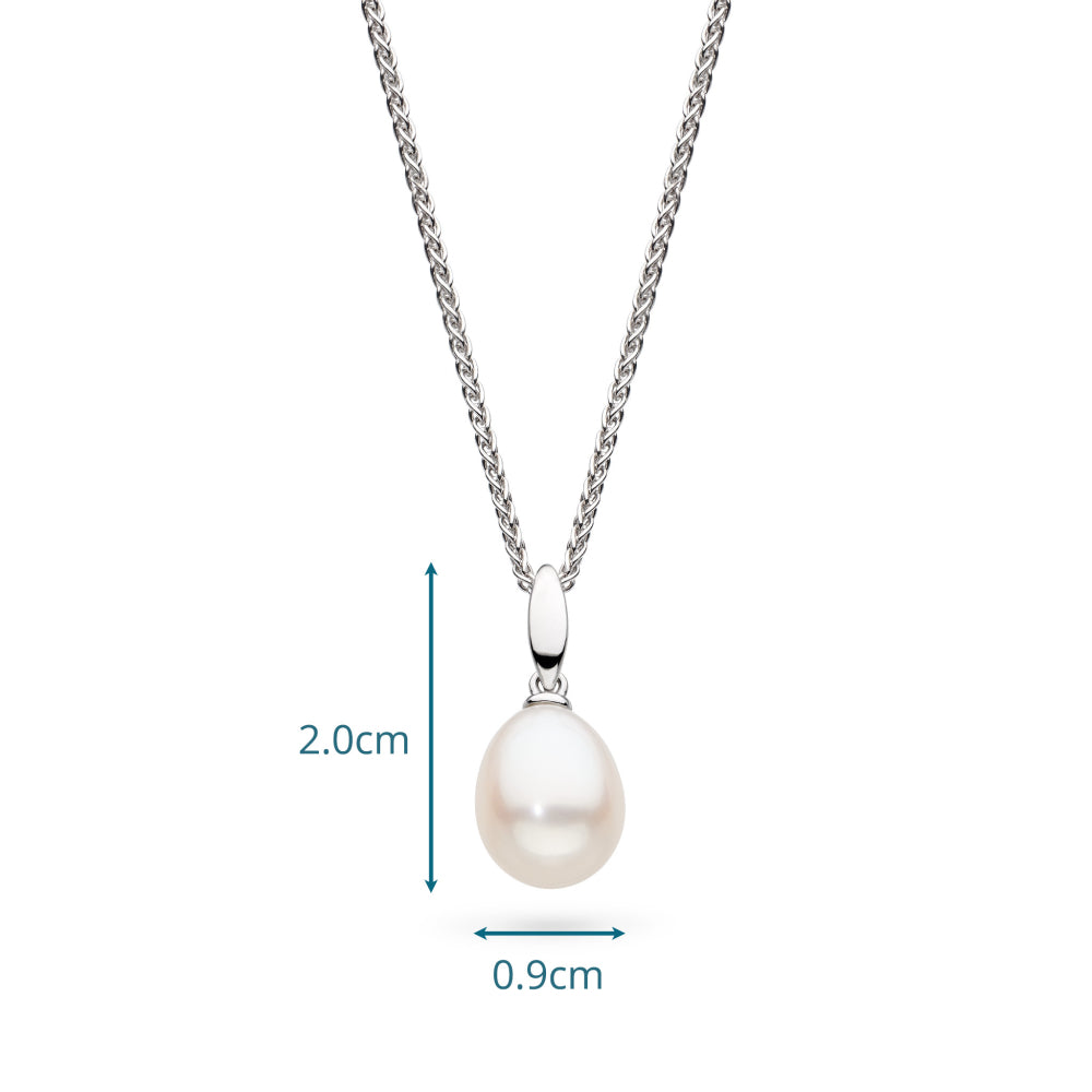 A pearl pendant on a silver chain.
