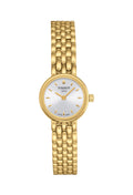 Gold Tissot ladies watch, Lovely Round collection, showcasing the silver dial & gold-plated band. Swiss Made 1853.