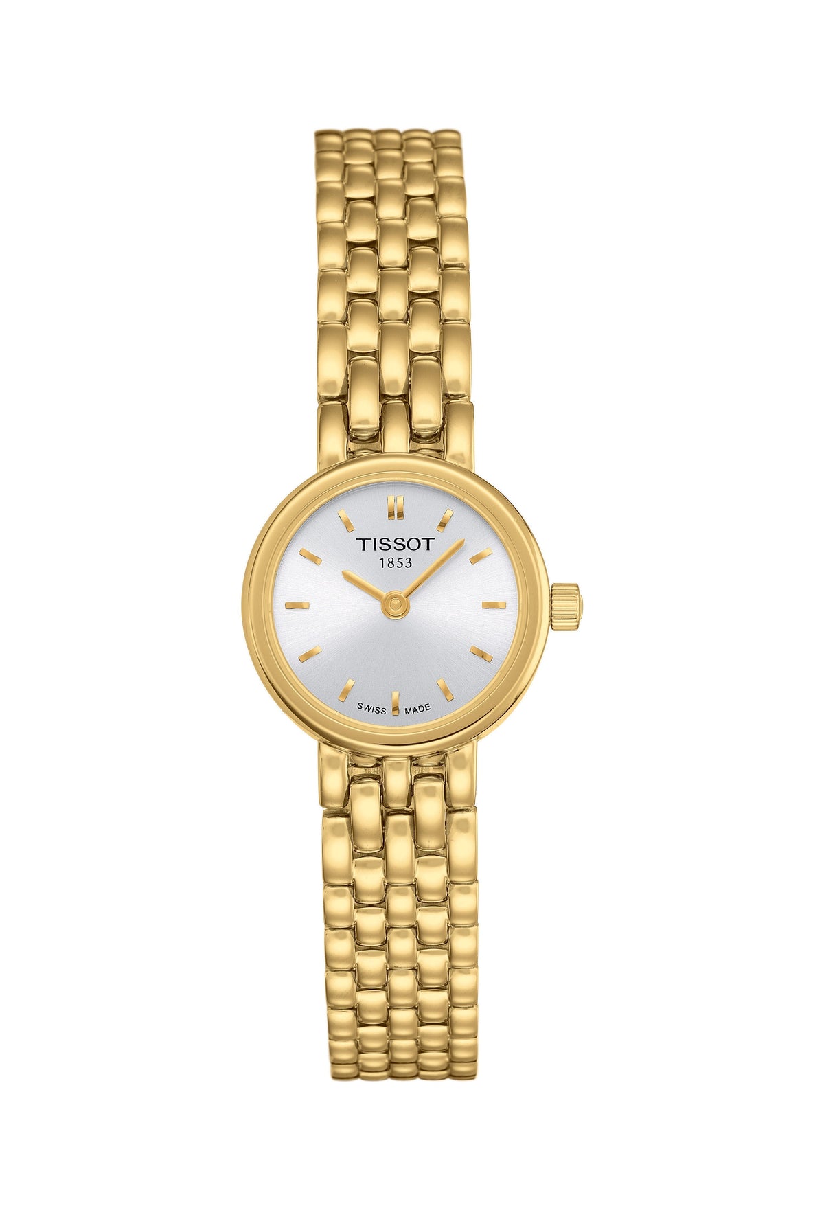 Gold Tissot ladies watch, Lovely Round collection, showcasing the silver dial & gold-plated band. Swiss Made 1853.