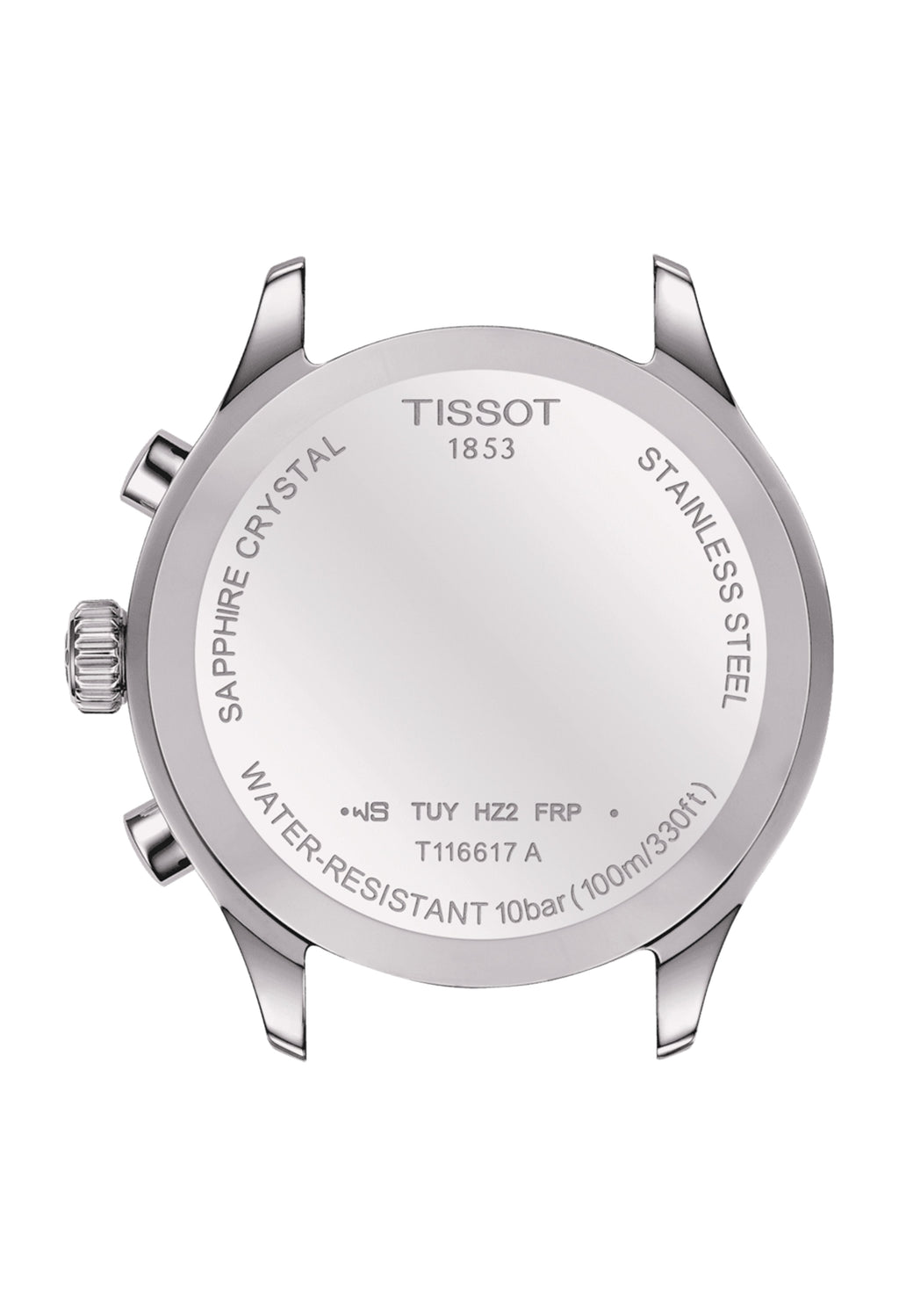 Tissot Chrono XL watch caseback detail: Stainless steel, Sapphire Crystal, Water-Resistant 10bar, T116617 A markings.