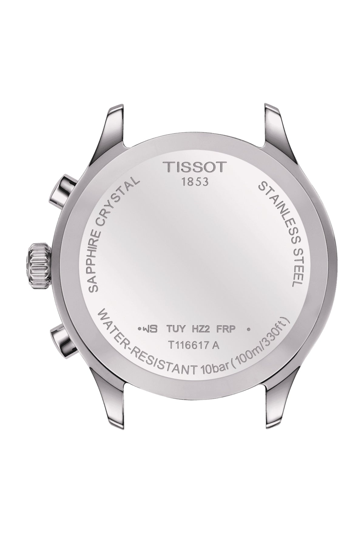 Tissot Chrono XL watch caseback detail: Stainless steel, Sapphire Crystal, Water-Resistant 10bar, T116617 A markings.
