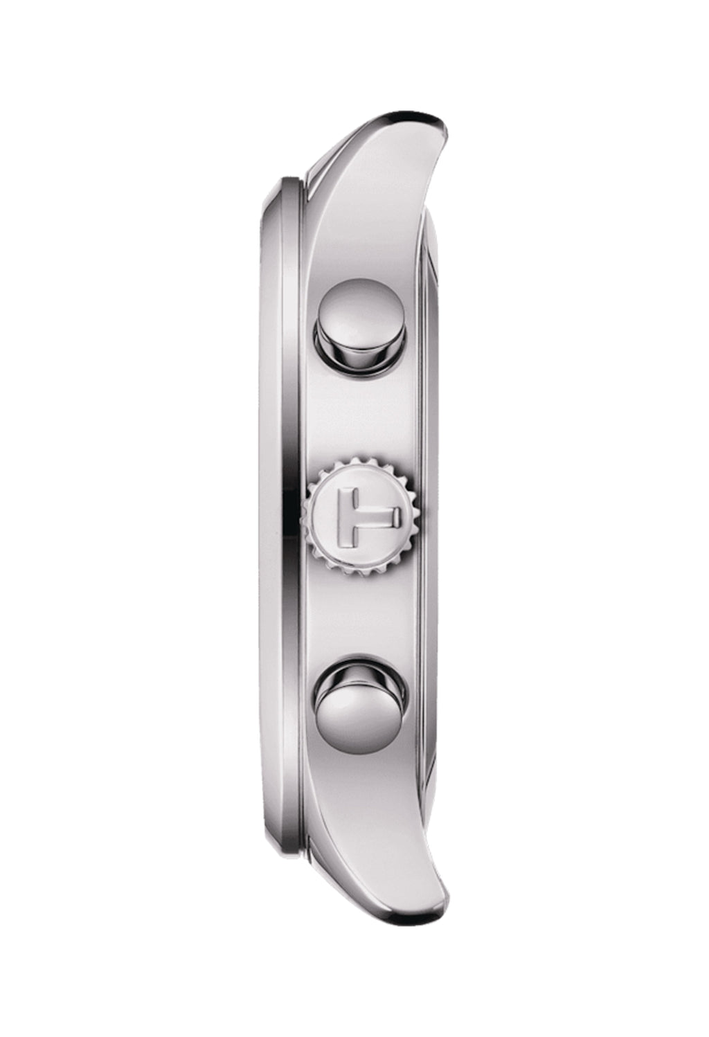 Side view of Tissot Chrono XL watch showing pushers and crown, stainless steel bracelet.