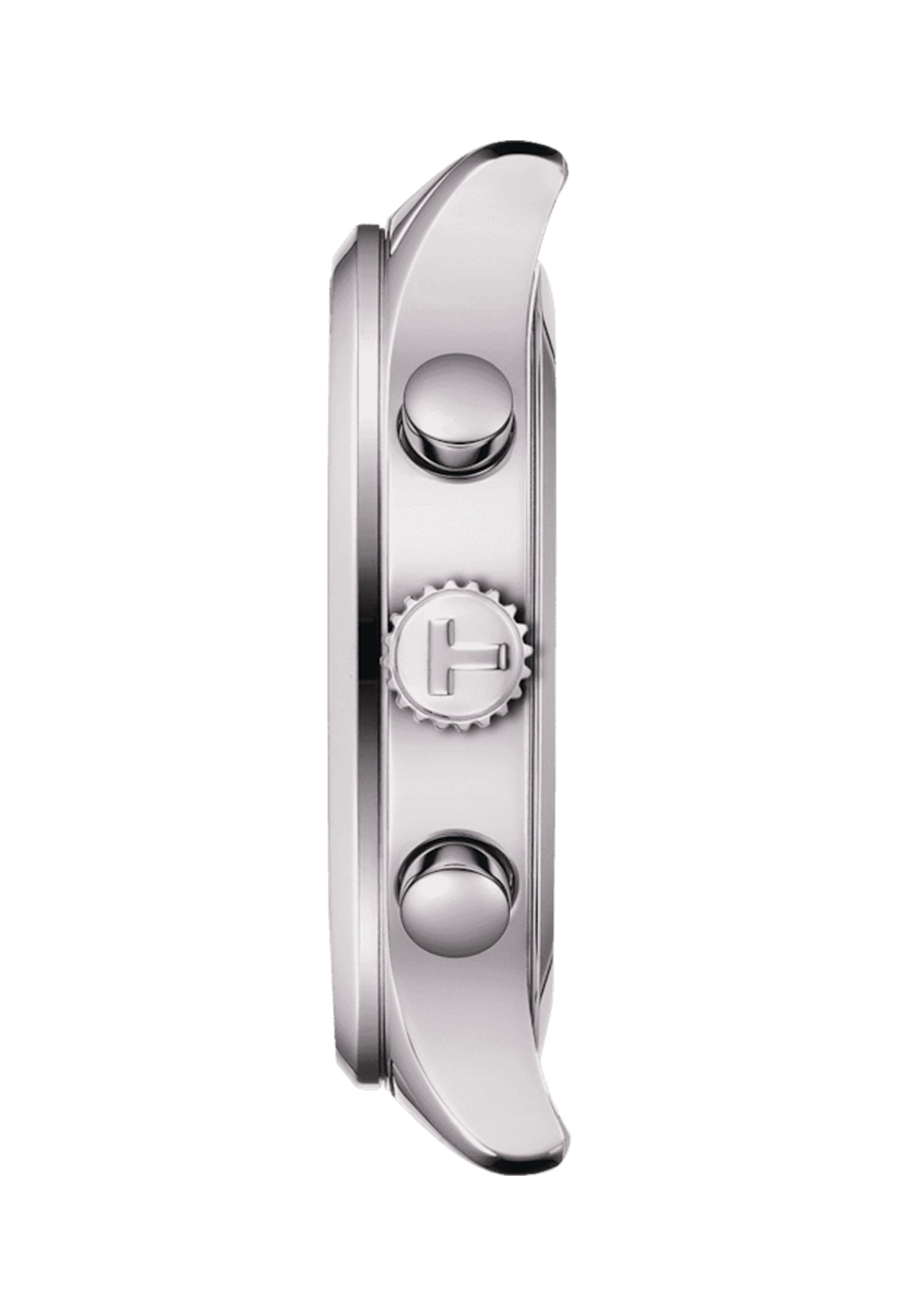 Side view of Tissot Chrono XL watch showing pushers and crown, stainless steel bracelet.