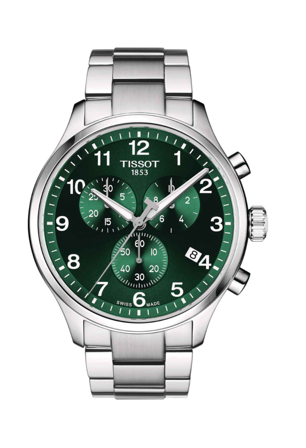 Tissot Chrono XL watch featuring a green dial, stainless steel bracelet, and chronograph subdials.