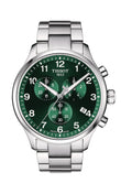 Tissot Chrono XL watch featuring a green dial, stainless steel bracelet, and chronograph subdials.