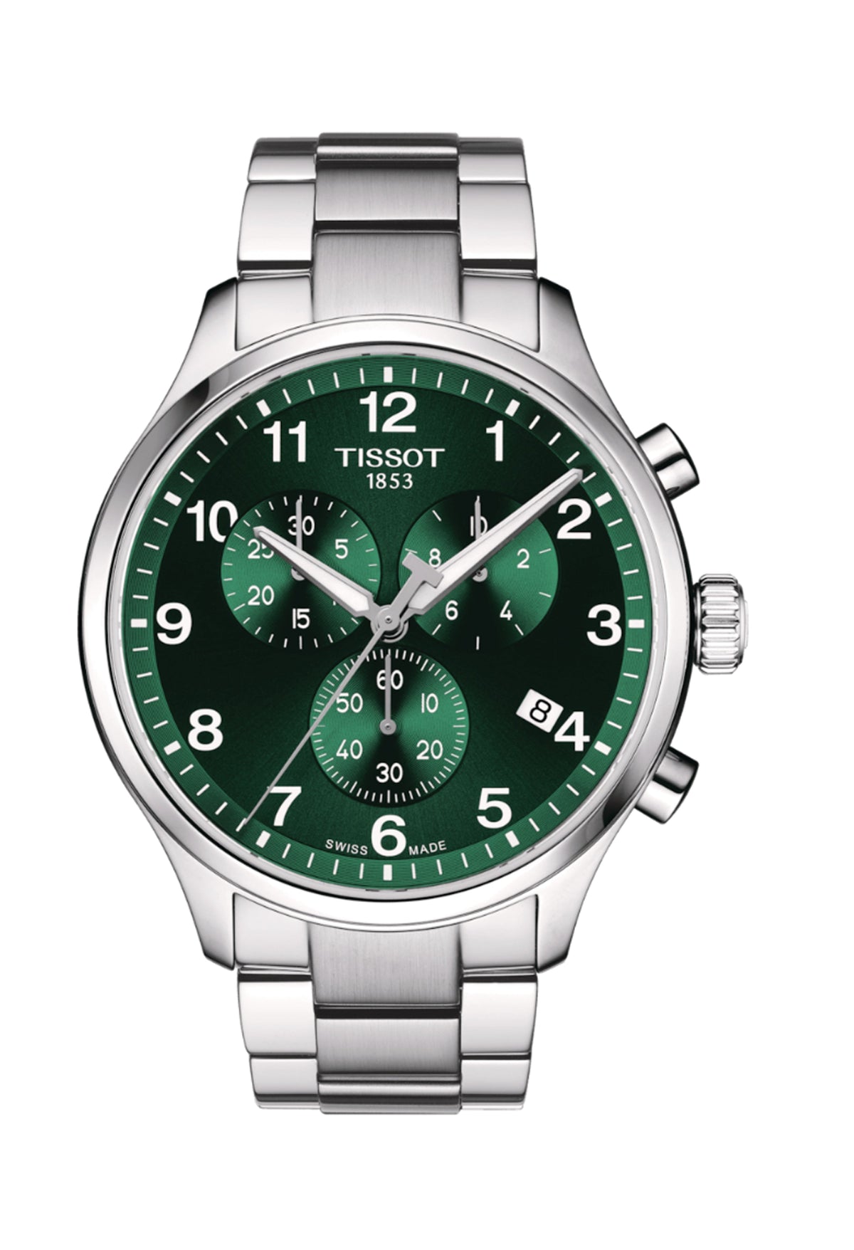 Tissot Chrono XL watch featuring a green dial, stainless steel bracelet, and chronograph subdials.