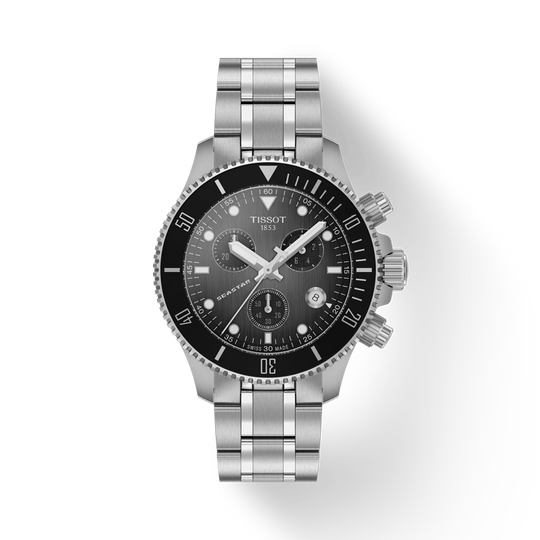 Tissot Mens 38mm Seastar 1000 Graded Grey Black Dial Stainless Steel Bracelet Watch